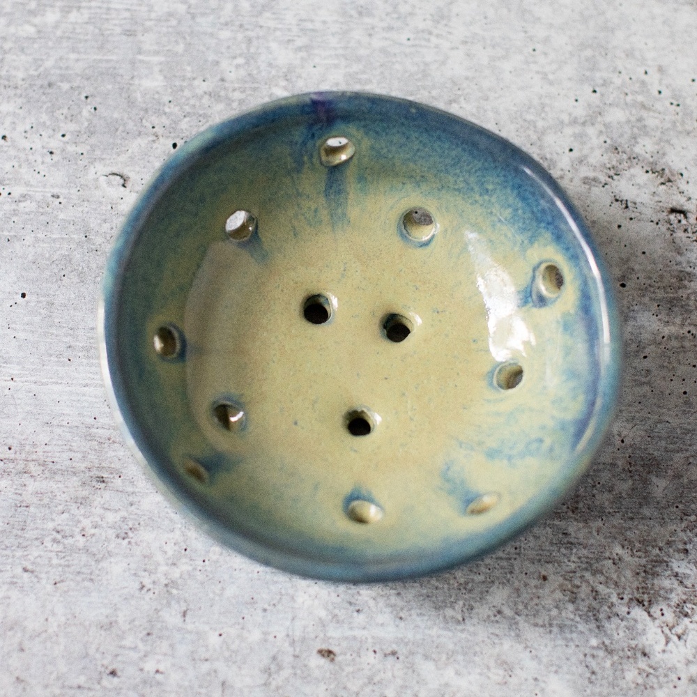 Studio Art Pottery 5.5" Berry Bowl Small Colander Blue Green Stoneware Signed